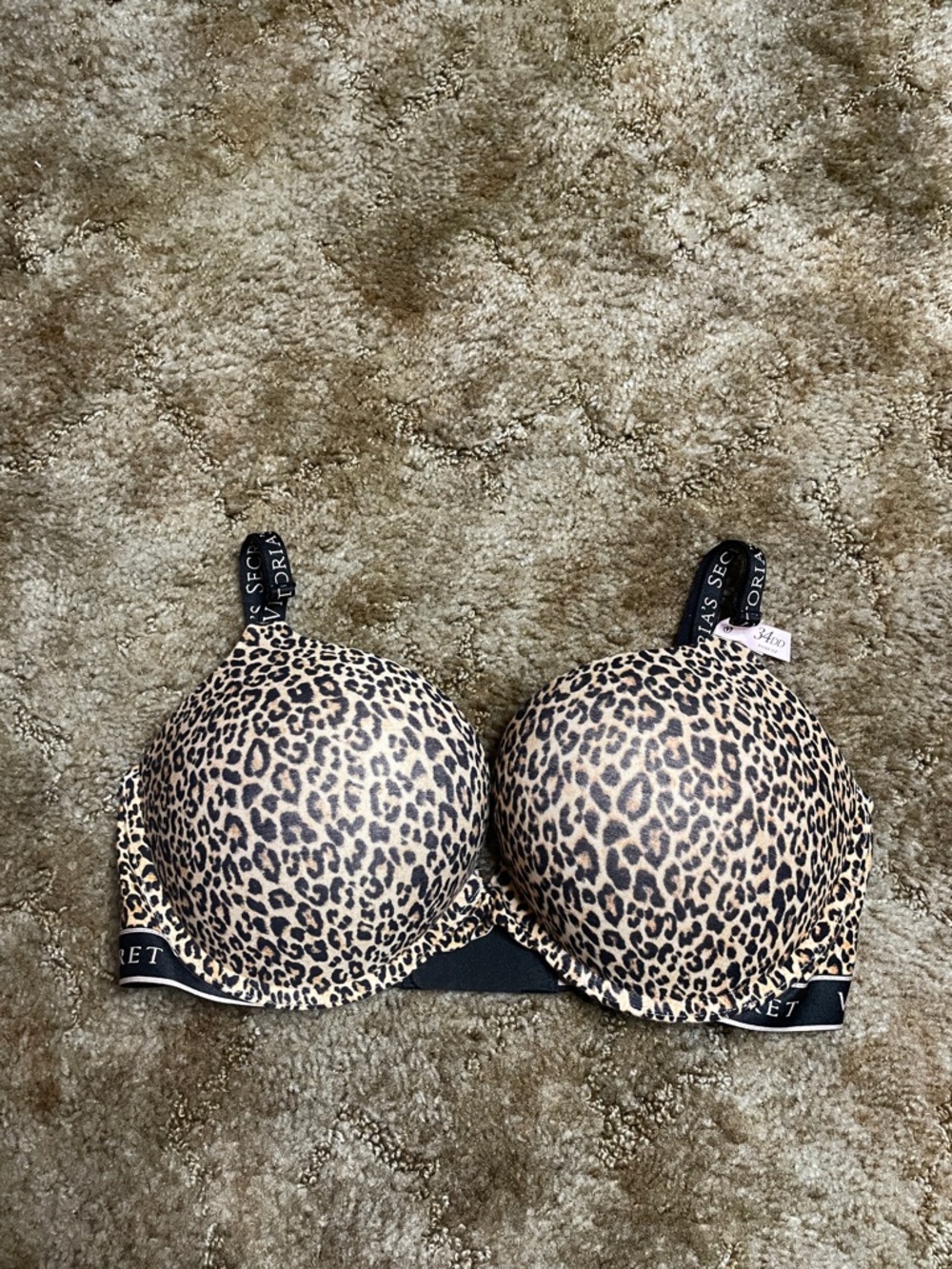 Victoria’s Secret Leopard Print T Shirt Plunge Super Push Up Bra Size 34DD